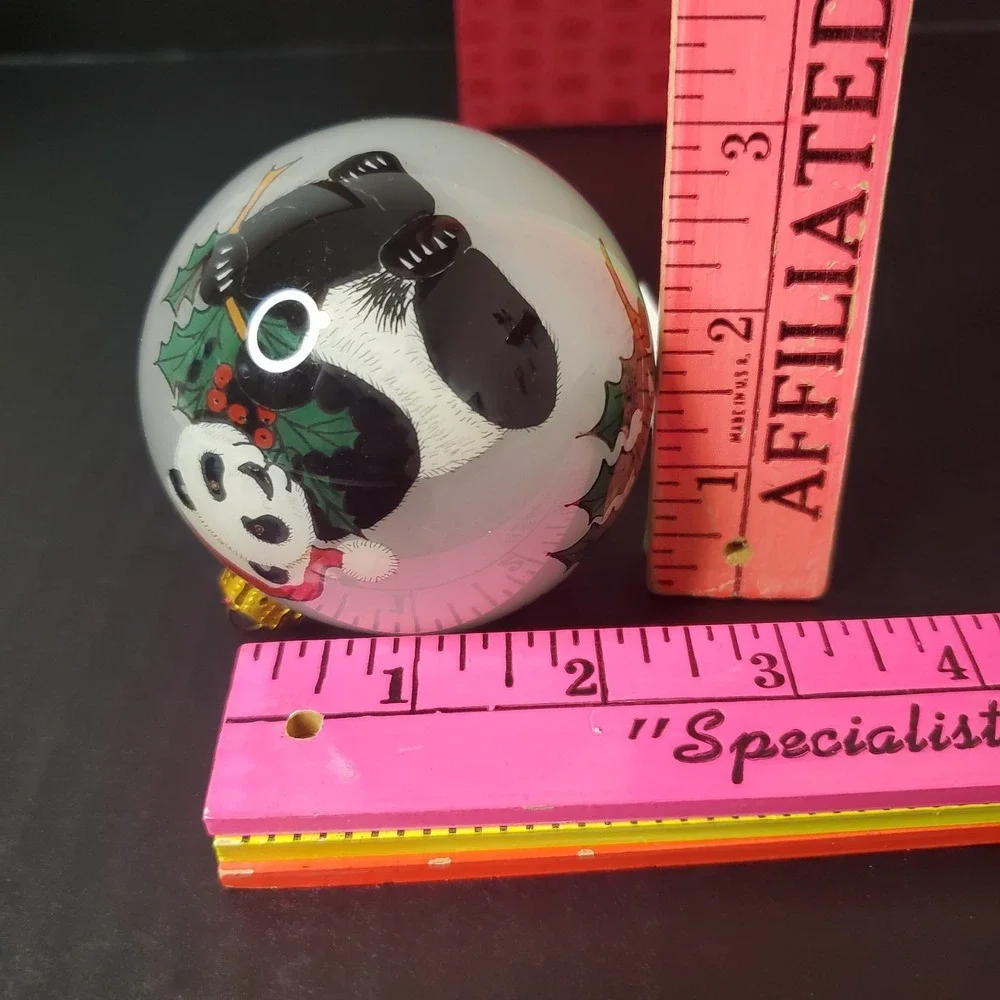 Figi Inside Art Glass Christmas Ornament Hand Painted Panda Bear & Holly, Box #2